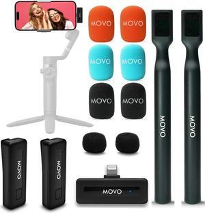 Movo Wireless Mini DI Duo Dual Ultra Compact Wireless Lavalier Microphones for iPhone with Handheld Adapter - Lapel Mic with Handle Mount for Content Creators, Interviews, Reporting and More