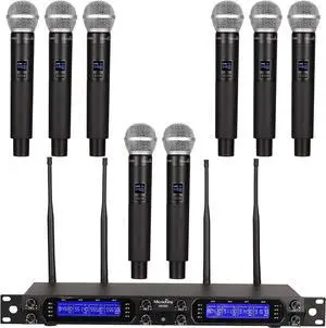 MicrocKing 8-Channel UHF Wireless Microphone System, 8 Mics, 400ft Range | Ideal for karaoke, church, conference & events. 8 dynamic metal handheld mics, 400ft range. Auto connect for easy setup. MicrocKing 8-Channel UHF Wireless Microphone System, 8 Mics, 400ft Range | Ideal for karaoke, church, conference & events. 8 dynamic metal handheld mics, 400ft range. Auto connect for easy setup.