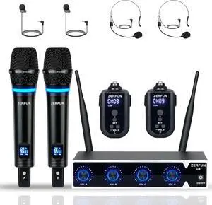 Rechargeable Wireless Microphone System 4 Channel Pro, UHF Metal Handheld Headset Lavalier Lapel Mics Cordless for Church  Singing with Volume Control, 4x50 Frequency(G8)