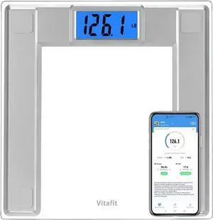 Vitafit 550lb Digital Bathroom Scale for Body Weight and BMI Via Smart APP, High Accuracy Assured by Weighing Professional Since 2001, 8mm Tempered Glass, Extra Large Blue Backlit LCD, Silver