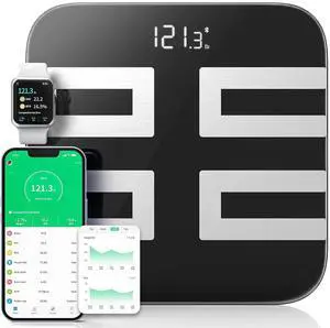 Smart Scale for Body Weight, Digital Bathroom Scale LED Display, BMI, Body Fat, Muscle Mass 18 Body Composition Monitor Health Analyzer Sync Apps, High Accuracy, Save Space, 396lbs (Black)