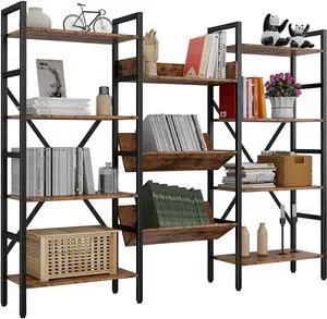 IRONCK Bookcases and Bookshelves 4 Tiers Industrial Triple Bookshelf, Large Record Player Shleves with Metal Frame for Living Room Bedroom Home Office