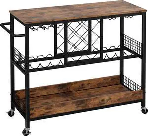 IRONCK Wine Rack Table, Industrial Bar Cart on Wheels Kitchen Storage Cart for The Home Wood and Metal Frame, Vintage Brown