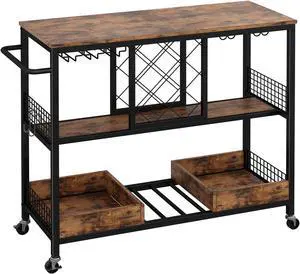 IRONCK Wine Rack Table, Industrial Bar Cart on Wheels Kitchen Storage Cart for The Home Wood and Metal Frame, Vintage Brown