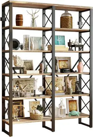 IRONCK Industrial Bookshelf Double Wide 6-Tier, Open Large Bookcase, Wood and Metal Bookshelves for Home Office, Easy Assembly
