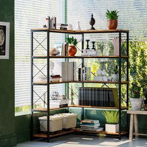 IRONCK Bookcases and Bookshelves Industrial Corner Etagere Bookcase L Shaped 5 Tier with Metal Frame for Living Room Home Office