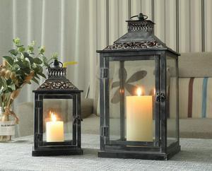 JHY DESIGN Set of 2 Antique Grey Brush Decorative Lanterns Metal Candle Lanterns for Indoor Outdoor Events Paritie and Weddings Vintage Style Hanging Lantern(with Glass)