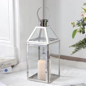 JHY Design Silver Decorative Lanterns 16inch High Stainless Steel Candle Lanterns with Tempered Glass for Indoor Outdoor Events Parities and Weddings