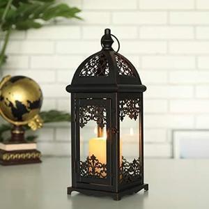 JHY DESIGN Decorative Candle Lantern 15''High Metal Candle Lanterns Vintage Style Hanging Lantern for Indoor Outdoor Events Parities Weddings(Black with Red Brush)