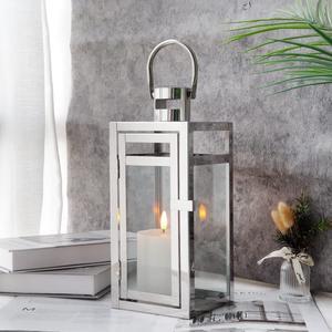 Stainless Steel Decorative Lantern 12'' High Metal Hanging Lantern with Clear Glass Panels Perfect for Home Decor Living Room Parties Events Tabletop Indoors Outdoors (Sliver)