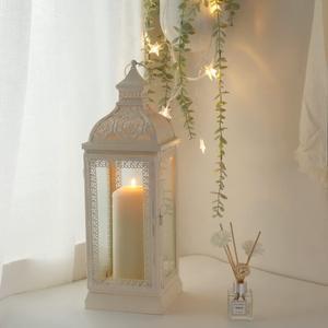Rustic Style Metal Candle Lantern 15.5'' High Decorative Hanging Lantern Candle Holder with Tempered Glass Perfect for Living Room Garden Yard Patio Parties Events Indoors Outdoors(White)