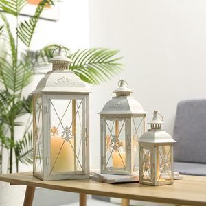 Set of 3 Decorative Hanging Lantern 19'' High Vintage Metal Candle Holder with Tempered Glass Perfect for Living Room Garden Yard Patio Parties Events Indoors Outdoors (White with Gold Brush)