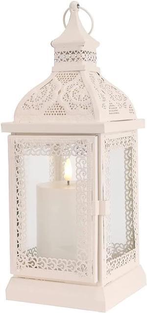 Rustic Style Metal Candle Lantern 13'' High Decorative Hanging Lantern Candle Holder with Tempered Glass Perfect for Living Room Garden Yard Patio Parties Events Indoors Outdoors (White)