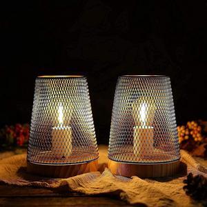 JHY DESIGN Set of 2 Metal Mesh Table Lamp LED Cordless Lamp Battery Powered with 6-Hours Timer Feature Modern Battery Lamp 7.5''H with Edison Bulb for Indoor Garden Party Balcony(with Wooden Base)