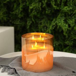 JHY DESIGN Large Moving 3 Wicks Battery Candle with 6Hour Timer Function 6Dia Flameless Candle Battery Powered Simulation 3D Glass LED Candle for Party Living Room Xmas Festive Table BarGold