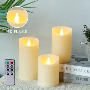 JHY DESIGN Set of 3 Real Wax Flameless Candles 3D Effect LED Candles Flickering Battery Candles with 8-Key Remote Control Timer for Home Wedding Party Kitchen(Pivoted Flame-Shaped Tip)