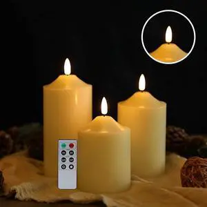 JHY DESIGN 3D Flameless Candles Set 4/5/6inch High Real Wax Battery Candle Pillars Flickering LED Candles with 8-Key Remote Control Timers for Home Wedding Party Christmas Decoration (Set of 3)