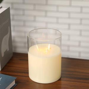 JHY DESIGN 3Wick Glass Flameless Candles 8High Battery Operated Dancing Flame Flickering LED Pillar Candles with 6Hour Timer Feature Real Wax Moving Wick Candle for Home Wedding Party Festival