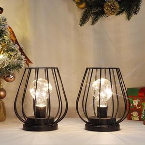 Set of 2 Metal Battery Operated Lamp 7'' Tall Mini Cage Shape Cordless Table Lamp Battery Lanterns with Warm Fairy Lights Bulb(Black)
