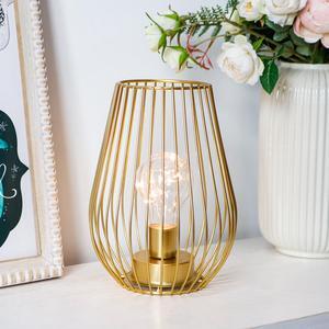 Metal Cordless Table Lamp - 8'' Tall Cage Shape Battery Operated Lamp with Warm Fairy Lights Bulb(Gold)