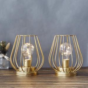 Set of 2 Metal Battery Operated Lamp 7'' Tall Mini Cage Shape Cordless Table Lamp Battery Lanterns with Warm Fairy Lights Bulb(Gold)