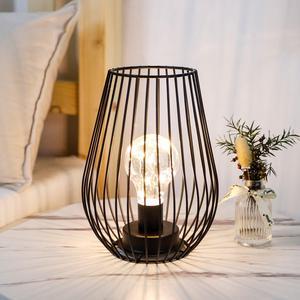 Metal Cordless Table Lamp - 8'' Tall Cage Shape Battery Operated Lamp with Warm Fairy Lights Bulb(Black)