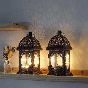 Set of 2 Vintage Style Decorative Lantern 8'' H Battery Operated Metal Lantern Hanging Lantern with LED Fairy Lights
