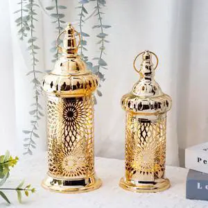 Ramadan Lanterns Set of 2 10" &12.5" Gold Electric Candle Holders with Timer, Metal Decorative Vintage Lanterns