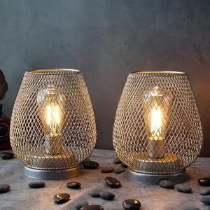 Set of 2 Metal Cage LED Lantern Battery Powered Cordless Accent Light with LED