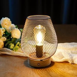Dimmable Touch Bedside Table Lamp Metal Cage Rechargeable Battery Powered Lamp