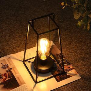 JHY DESIGN Retro Style Geometric Table Lamp 10inch High Simple Iron Art Cordless Lamp Battery Powered Lamp Cage Wireless Lamp Decor Lighting Bulb for Balcony Wedding Party Indoor Outdoor(Short, Black)