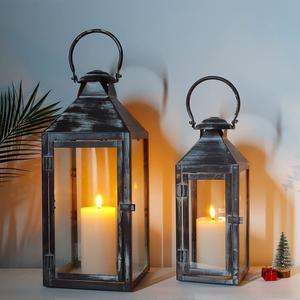 JHY DESIGN Set of 2 Antique Grey Brush Decorative Lanterns 17.5inch&13.5inch Metal Candle Lanterns for Indoor Outdoor Events Paritie and Weddings Vintage Style Hanging Lantern