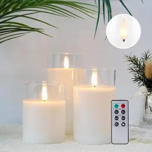 JHY DESIGN Set of 3 Glass Wax Flameless Candles 3D Effect LED Candles White Wax Flickering Battery Candles with 8-Key Remote Control Timer for Home Wedding Party Christmas(Pivoted Flame-Shaped Tip)