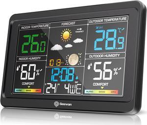 Geevon Weather Station Wireless Indoor Outdoor Thermometer, Color LCD Display Temperature Humidity Monitor with Barometric Pressure, Comfort Bar, Moon Phase, USB Charging Port, Adjustable Backlight