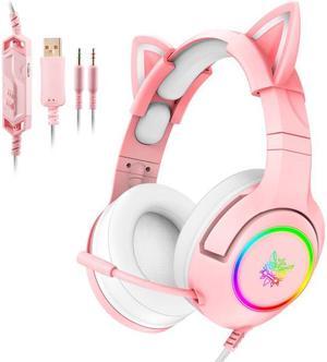 ONIKUMA K9 3.5mm Wired Gaming Headset Removable Cat Ears Headphones Noise Canceling E-Sports Earphone with Microphone RGB LED Light Control Mute Mic for PC Smart Phone Pink