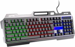 Wired Membrane Gaming Keyboard, Backlit RGB LED, Metal Base, Phone Holder, 12 Multimedia Function Quiet Keys-for Computer, PC, Desktop, Gamer,Black