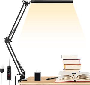 LED Desk Lamp, Swing Arm Desk Light with Clamp, 3 Lighting 10 Brightness Eye-Caring Modes, Reading Desk Lamps for Home Office 360°Spin with USB Adapter & Memory Function black-14W