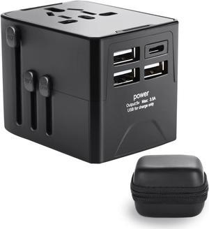 International Travel Adapter Universal Travel Adapter with 6.3A Smart Power 3 USB A + 1 USB C Travel Essentials for US, EU, UK and Australia Travel Adapter AC Outlet Plug with with Carrying Case