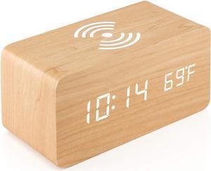Bailink Alarm Clock with Qi Wireless Charging Pad compatible with iPhone Samsung Wood LED Digital Clock Sound Control Function, Time Date, Temperature Display for Bedroom Office Home