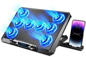 Updated Gaming Laptop Cooling Pad with 8 Cooling Fans, Laptop Fan Cooler Pad for 15-17.3 Inch, Notebook Cooler Stand with 5 Height Adjustable, Ultra Thin Cooling Pad with Two USB Port + Phone Stand