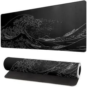 Perfect Japanese Sea Wave Large Mouse Pad, Anime Black Gaming, Extended Kanagawa Mat Desk Pad, 3mm Thick Long Non-Slip Rubber Base Mice Pad, 31.5 X 11.8 Inch,Long XXL Waterproof Keyboard Pads