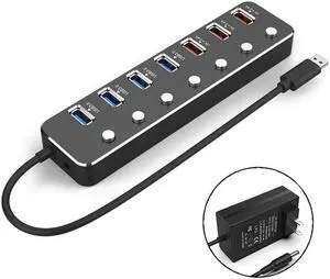 WIILGN Aluminum Alloy 7 Port USB 3.0 Hub, 4*USB 3.0 Splitter 3*USB DC 5V 2.4A Fast Charging, Independent Power Switch LED Indicator Hub Extender, 60cm Cable With 12V 2A Adapter