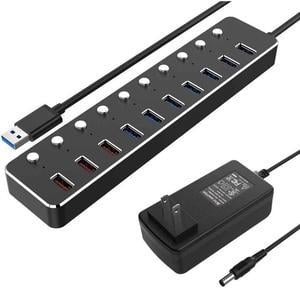 WIILGN Aluminum Alloy 10 Ports USB 3.0 Hub Sub-control, 7*USB 3.0 Splitter 3*USB DC 5V 2.4A Fast Charging, Independent Power Switch LED Indicator Hub Extender, 120cm Cable With 12V 3A Adapter