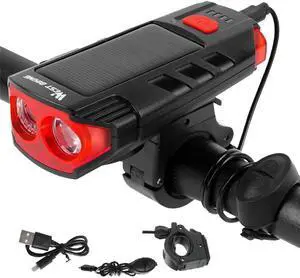WIILGN Solar Powered Led Bicycle Front Headlight with Horn, USB Rechargeable Waterproof Bike Light for Night Riding, 5 Modes Cycling Lamp Flashlight
