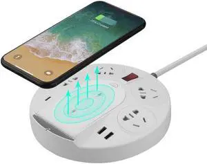 Wireless Charger Power Strip, 40W US Plug Surge Protector, 5 Ft Extension Cord with 4 Outlets & 2 USBs, 1 Type C, Overload Switch, Desktop Charging Station for iPhone, Home, Office, Hotel