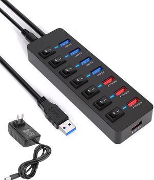 USB 3.0 Hub Powered 8 Port LED Lights Data Hub Extender,USB Splitter with Individual Switches and 12V AC Adapter,48W QC 3.0 3 Power IQ Charging Ports for Android,iPhone,iPad