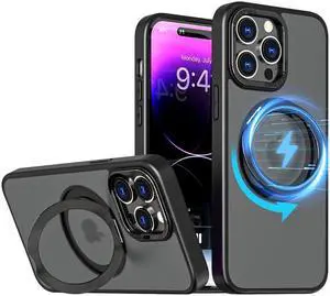 Magnetic 360°Rotatable Ring Holder iPhone 15 Pro Max Case, Translucent Wireless Charging Shockproof  Phone Case Compatible with MagSafe, Lens Protective Phone Cover