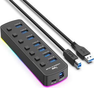 WIILGN Laptop LED Indicator USB Docking Station, 7-Port Powered USB 3.0 Hub with RBG Light, Multiport Independent Switch High Speed USB Hub Adapter Computer Accessories