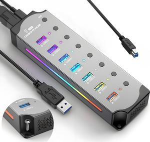 WIILGN 7-Port USB 3.0 RGB Hub with 14 Color LED Strip and Independent Switches - Aluminum Gaming Hub for PC and Laptops