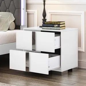 FstNiceTed Elegant Nightstand with Metal Handle, Mirrored Bedside Table with 2 Drawers for Bedroom, Living Room, White